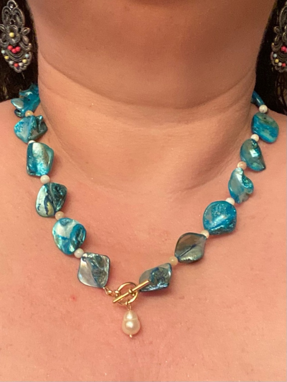 Handmade, Blue Iridescent Shell Bead Necklace with Pearl Drop